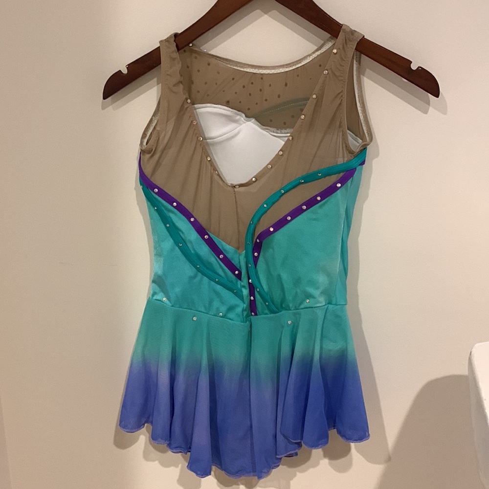 Skating dress - aqua and purple lots of crystals on top 12” wide seam to seam - Picture 2 of 3